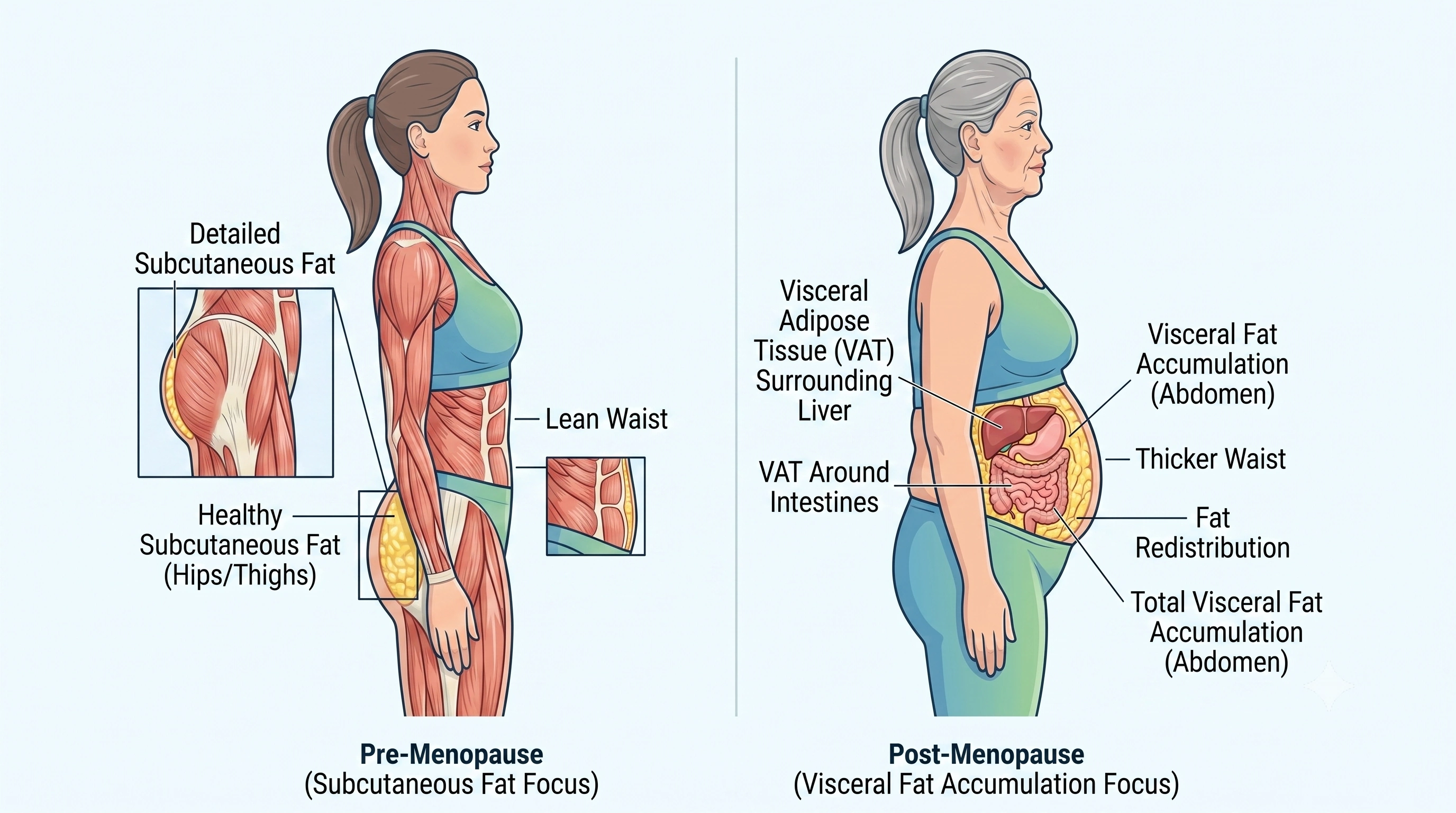 Medical illustration comparing pre-menopausal subcutaneous fat distribution to post-menopausal visceral fat accumulation