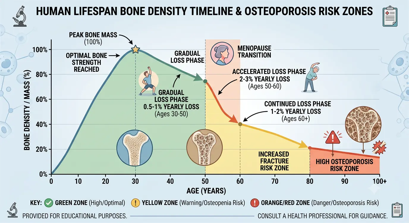 Infographic showing accelerated bone mineral density loss timeline in the years following menopause