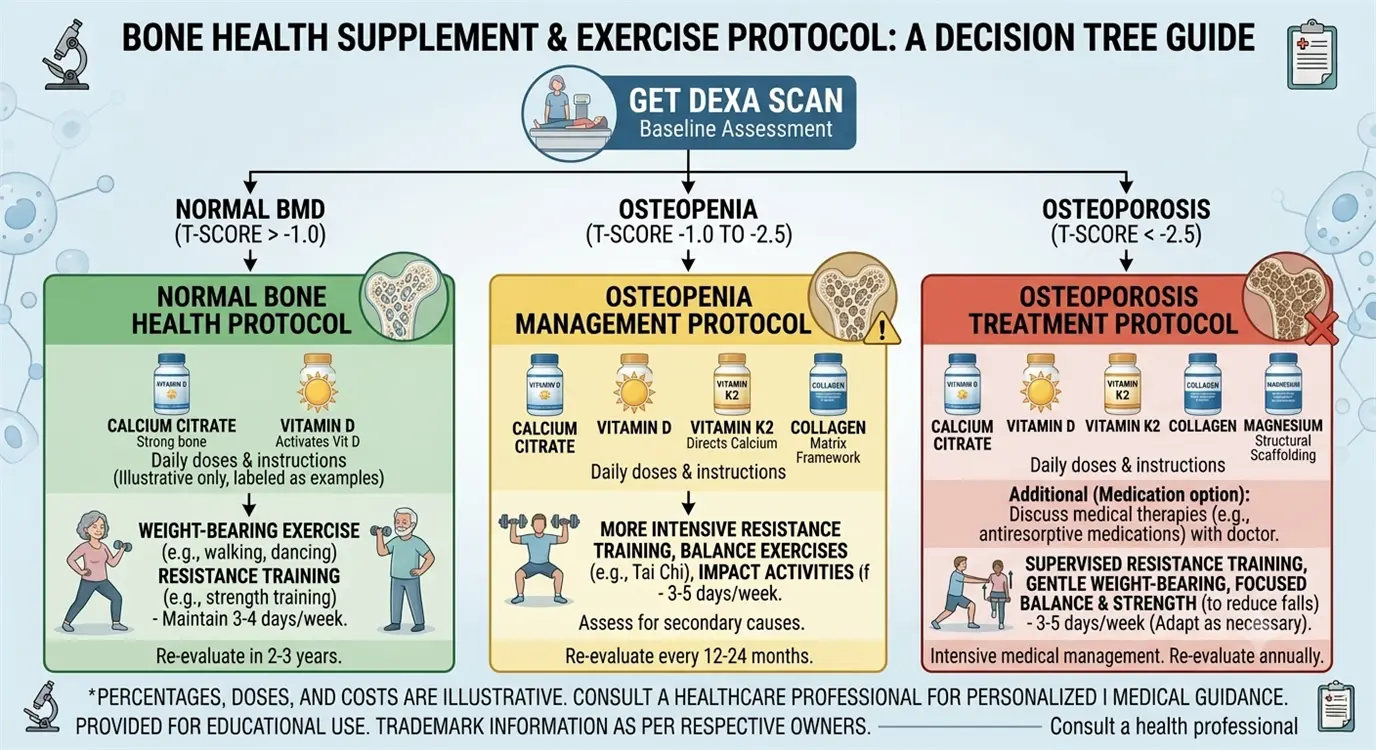 Flowchart graphic outlining a personalized bone health action plan based on bone density status
