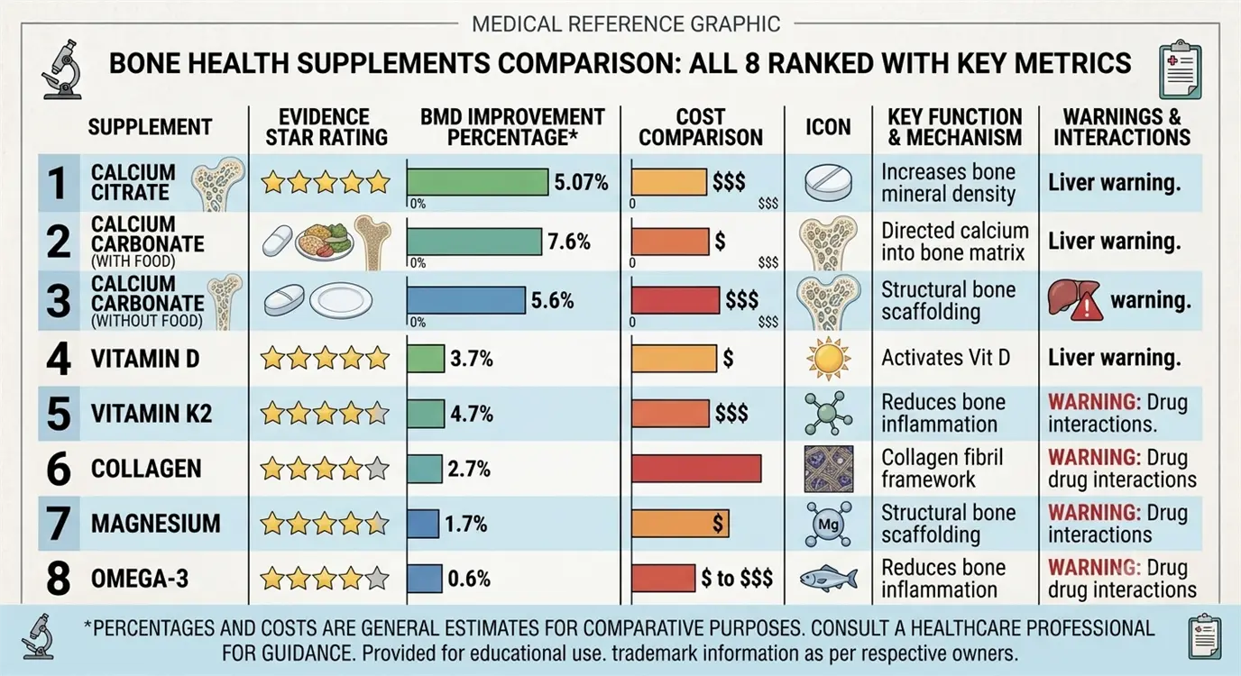 Comprehensive ranking graphic comparing the top menopause bone health supplements by evidence and benefit