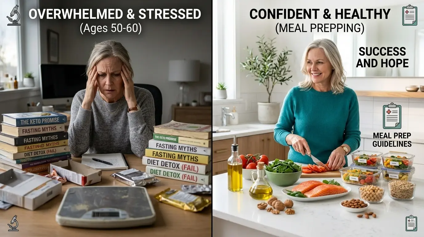 Woman's transformation from frustrated dieting to successful menopause weight loss with Mediterranean meal prep