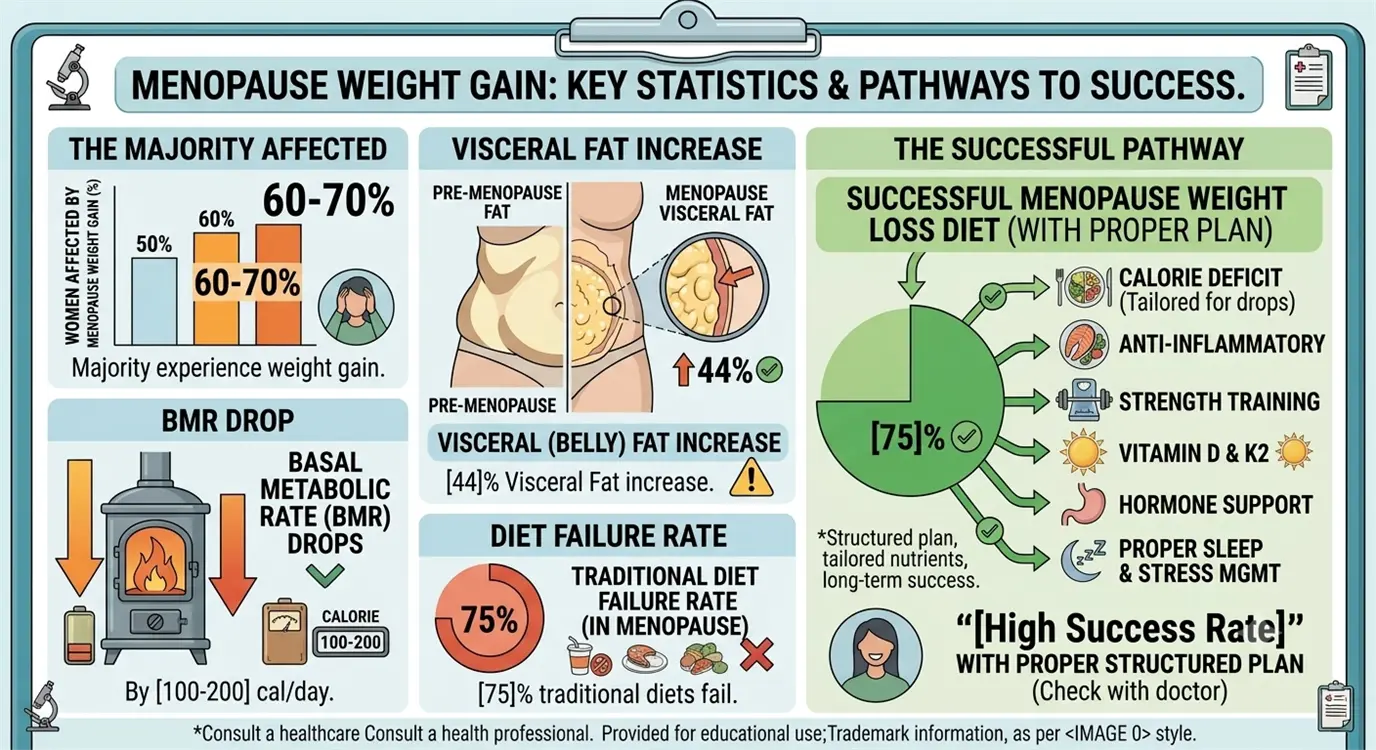 Statistical infographic showing menopause metabolism changes and diet success rates