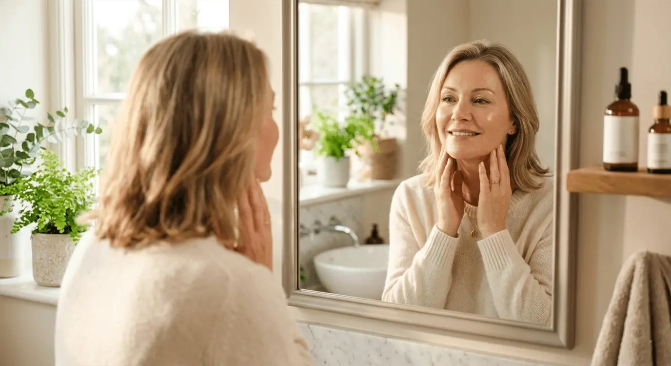 A woman in her 50s with radiant, healthy skin looking in a mirror with natural light, symbolizing menopausal skin restoration