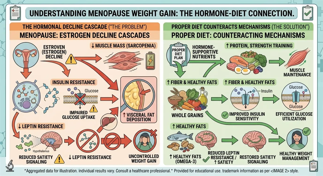 Scientific diagram explaining how estrogen loss affects metabolism and how diet modifications address hormonal changes