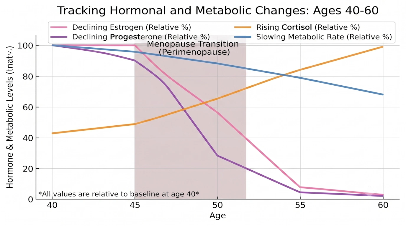 Line graph tracking hormone changes from age 40 to 60: declining estrogen and progesterone, rising cortisol, slowing metabolic rate