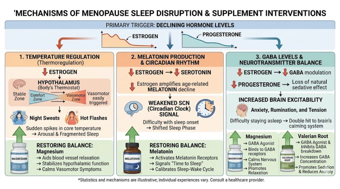 Medical diagram explaining how hormonal changes cause menopause insomnia and how sleep supplements restore balance
