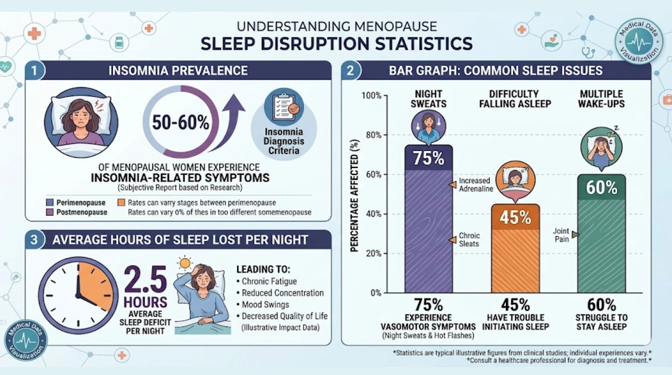 Statistical infographic showing percentage of menopausal women affected by insomnia and night sweats