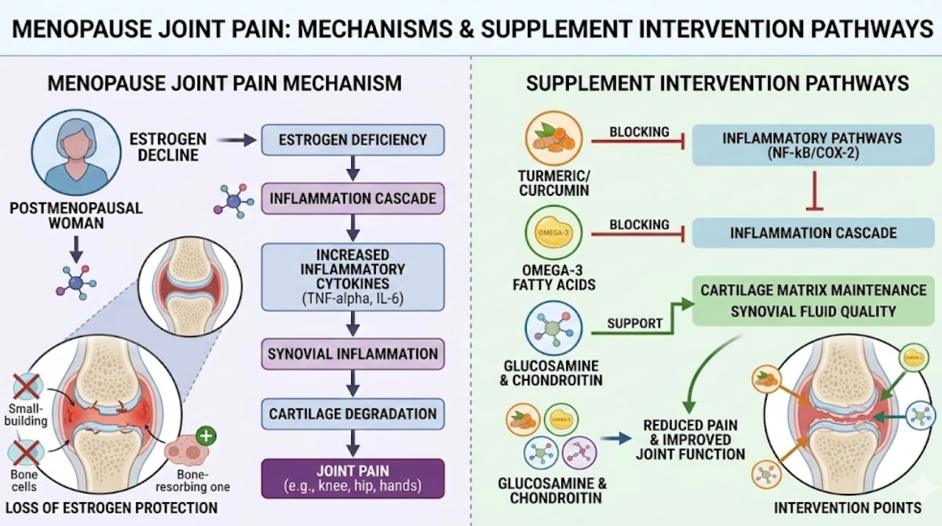 Medical diagram explaining how estrogen decline causes joint pain and how supplements interrupt inflammatory pathways