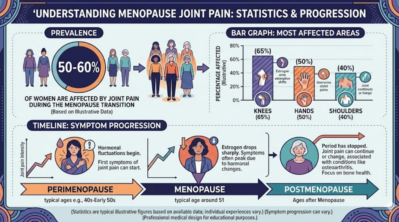 Statistical infographic showing percentage of menopausal women affected by joint pain in different body areas