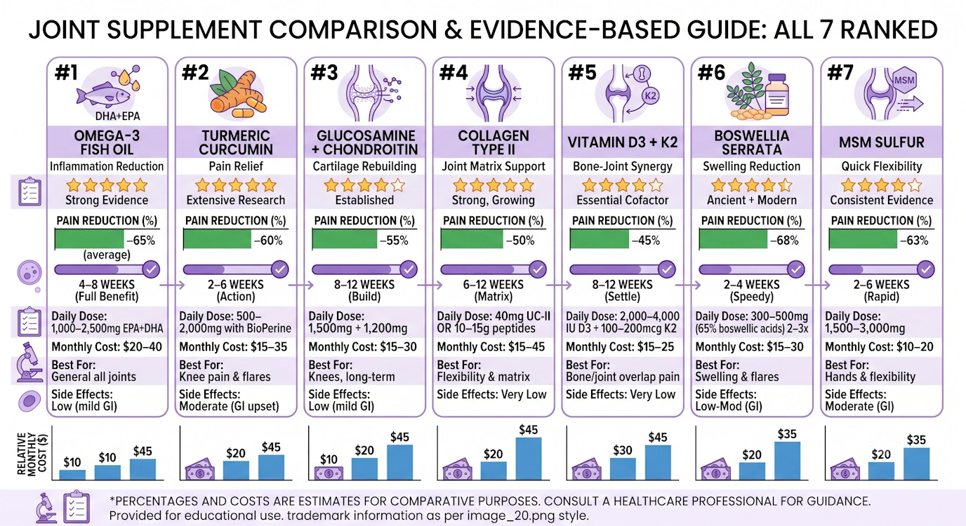 Comprehensive comparison chart ranking top 7 menopause joint pain supplements by effectiveness, evidence, cost, and timeline
