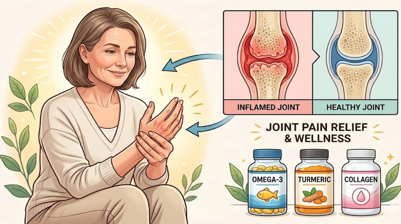Woman experiencing relief from menopause joint pain with natural supplements showing before and after joint inflammation comparison