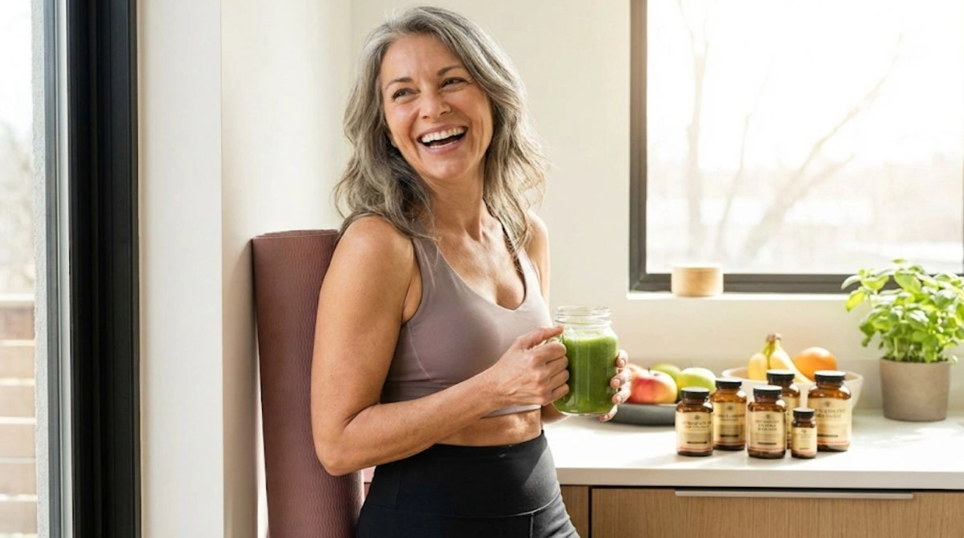 Confident woman successfully managing menopause symptoms naturally through diet, exercise, and holistic lifestyle approaches