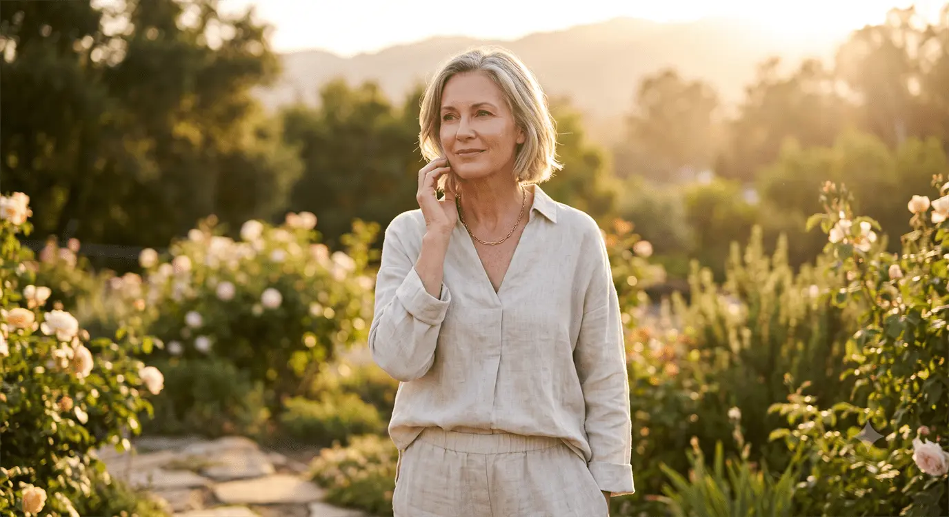 A confident woman in her 50s with glowing skin standing outdoors in golden hour sunlight, representing postmenopausal vitality and wellness