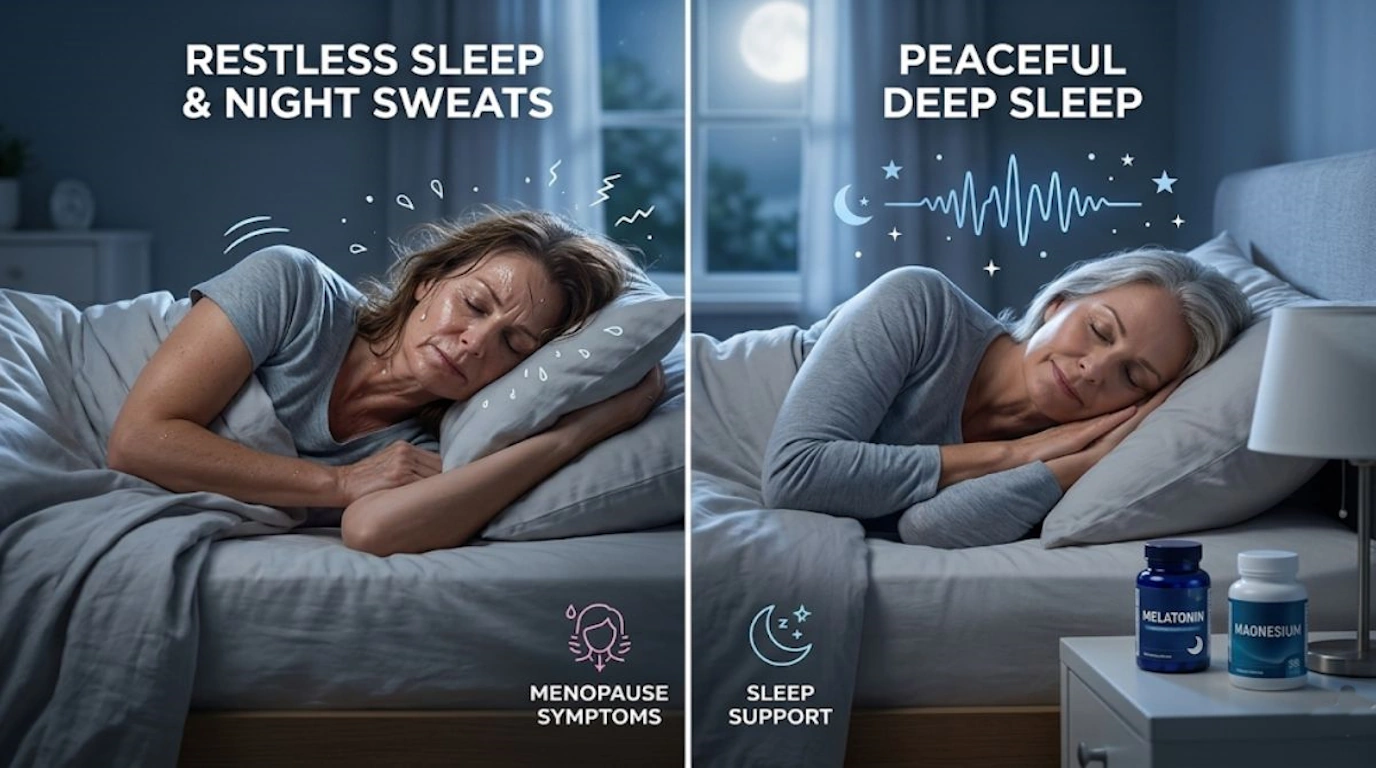 Woman experiencing restful sleep after using menopause sleeping pills for insomnia and night sweats relief