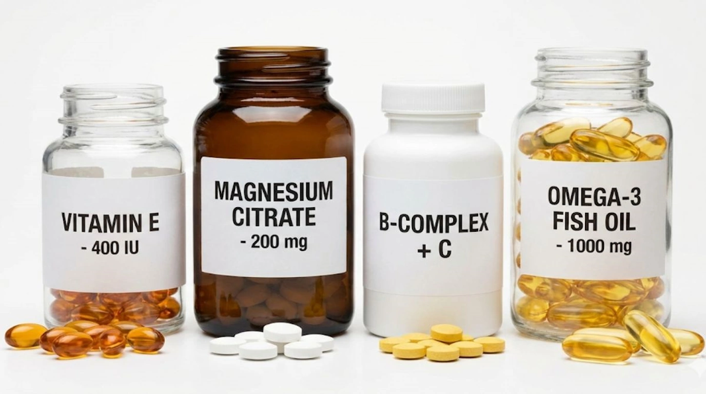 Essential vitamin and mineral supplements for menopause symptom relief including magnesium, B vitamins, and vitamin E