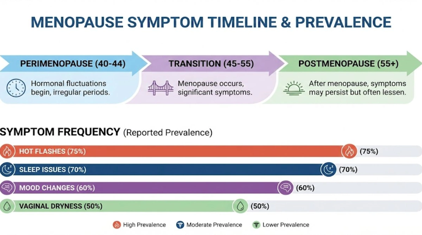 Infographic showing menopause symptom timeline and frequency statistics for natural remedy planning