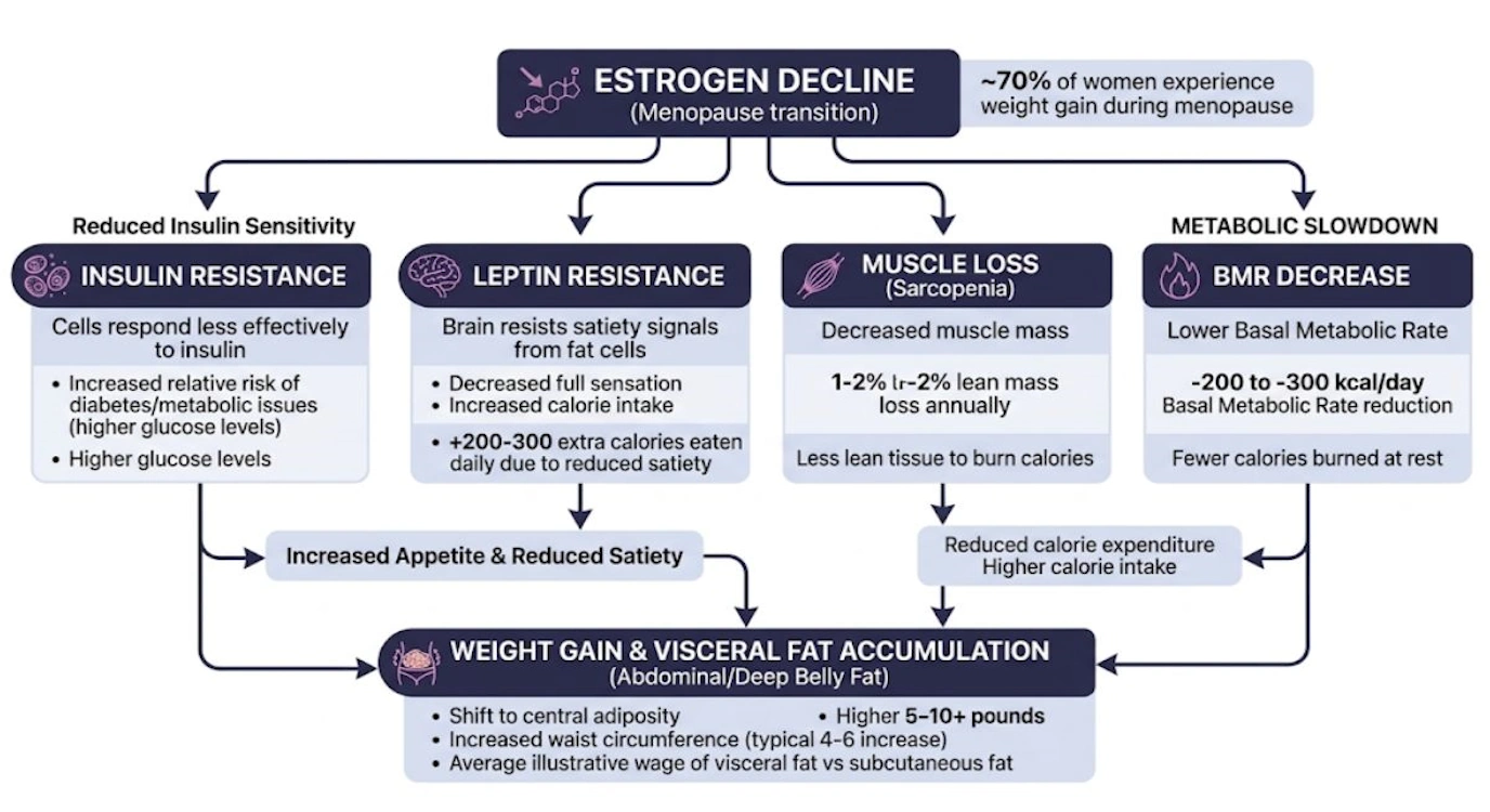 Medical flowchart explaining how estrogen decline triggers insulin resistance, muscle loss, and metabolic changes causing menopause weight gain