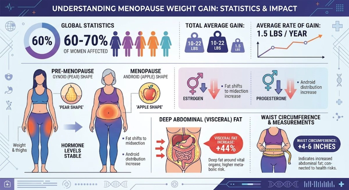 Statistical infographic showing menopause weight gain rates, body composition changes, and fat distribution patterns
