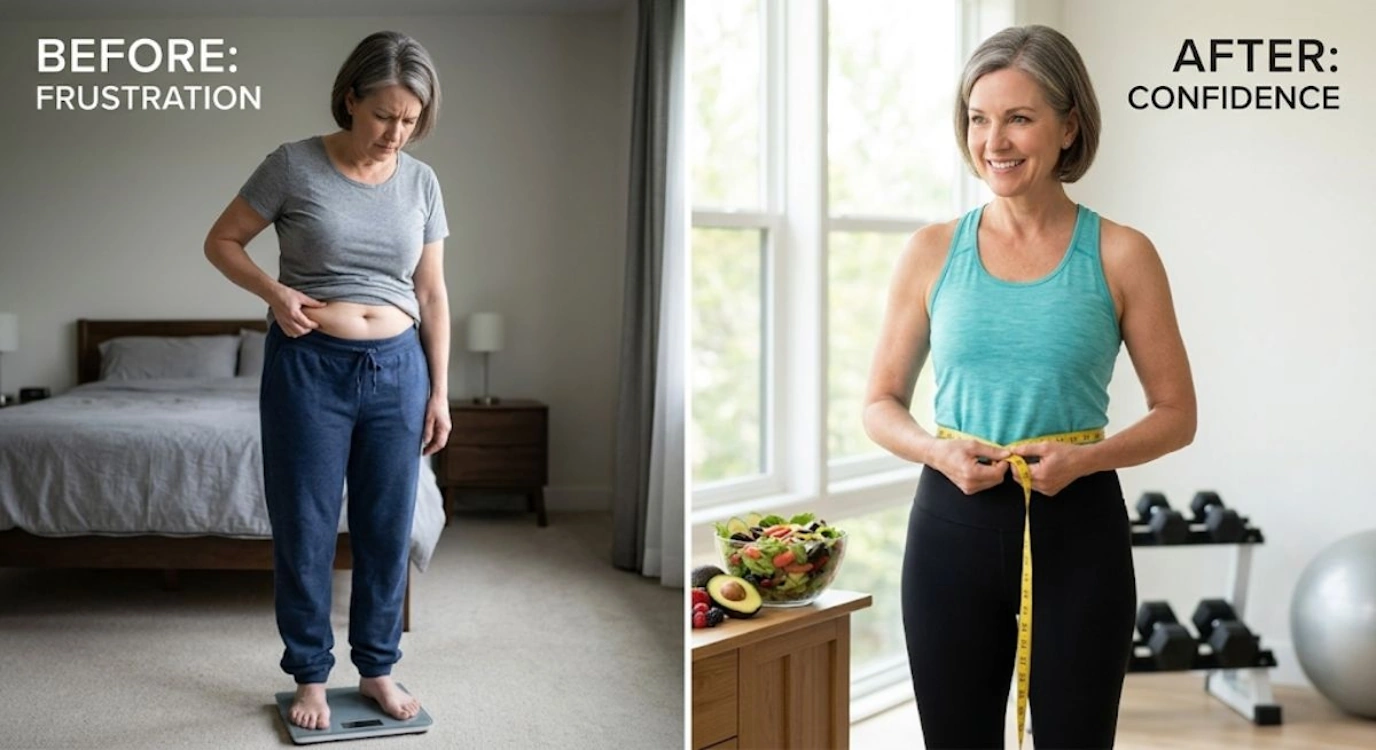 Woman's transformation from menopause weight gain to successful weight loss showing before and after results
