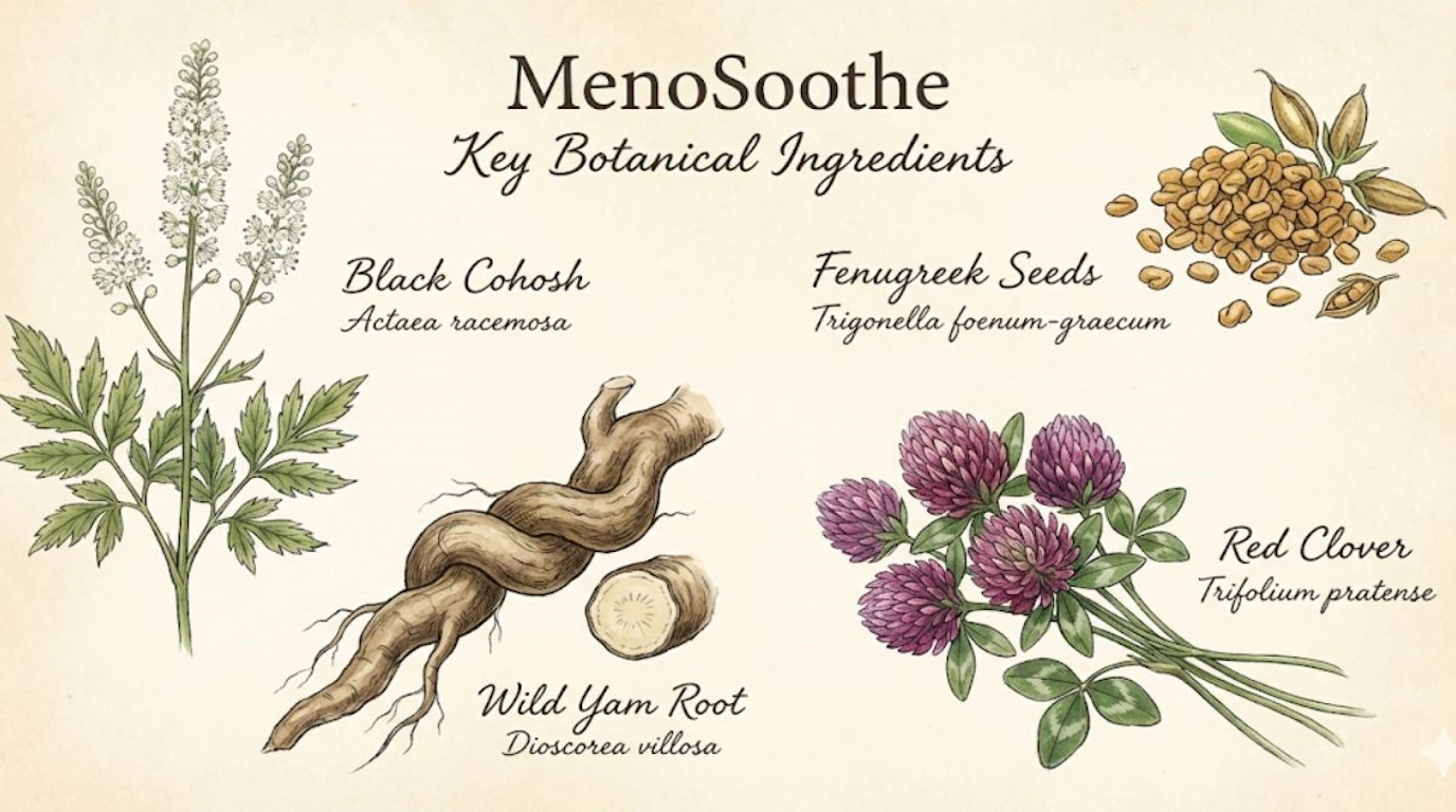 Botanical illustration showing key herbal ingredients in MenoSoothe menopause supplement formula