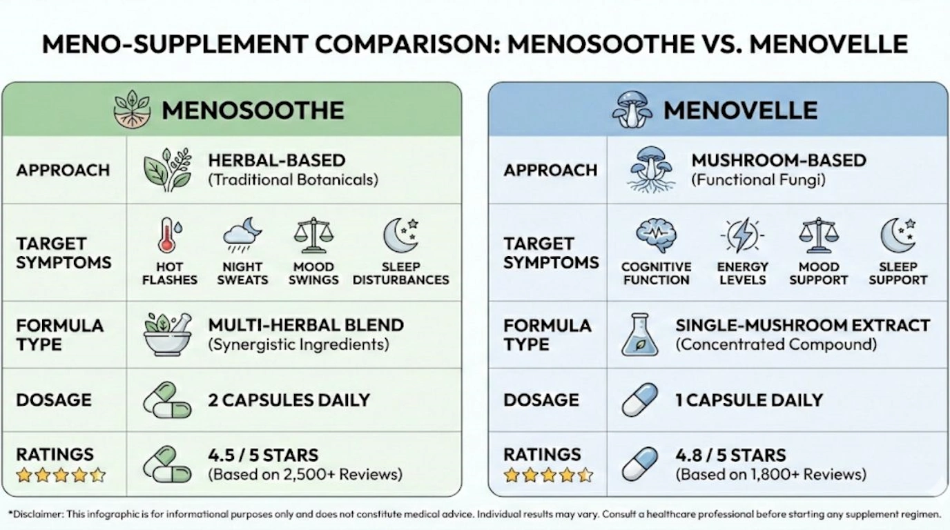 Infographic comparing key features and approaches of MenoSoothe versus Menovelle menopause supplements