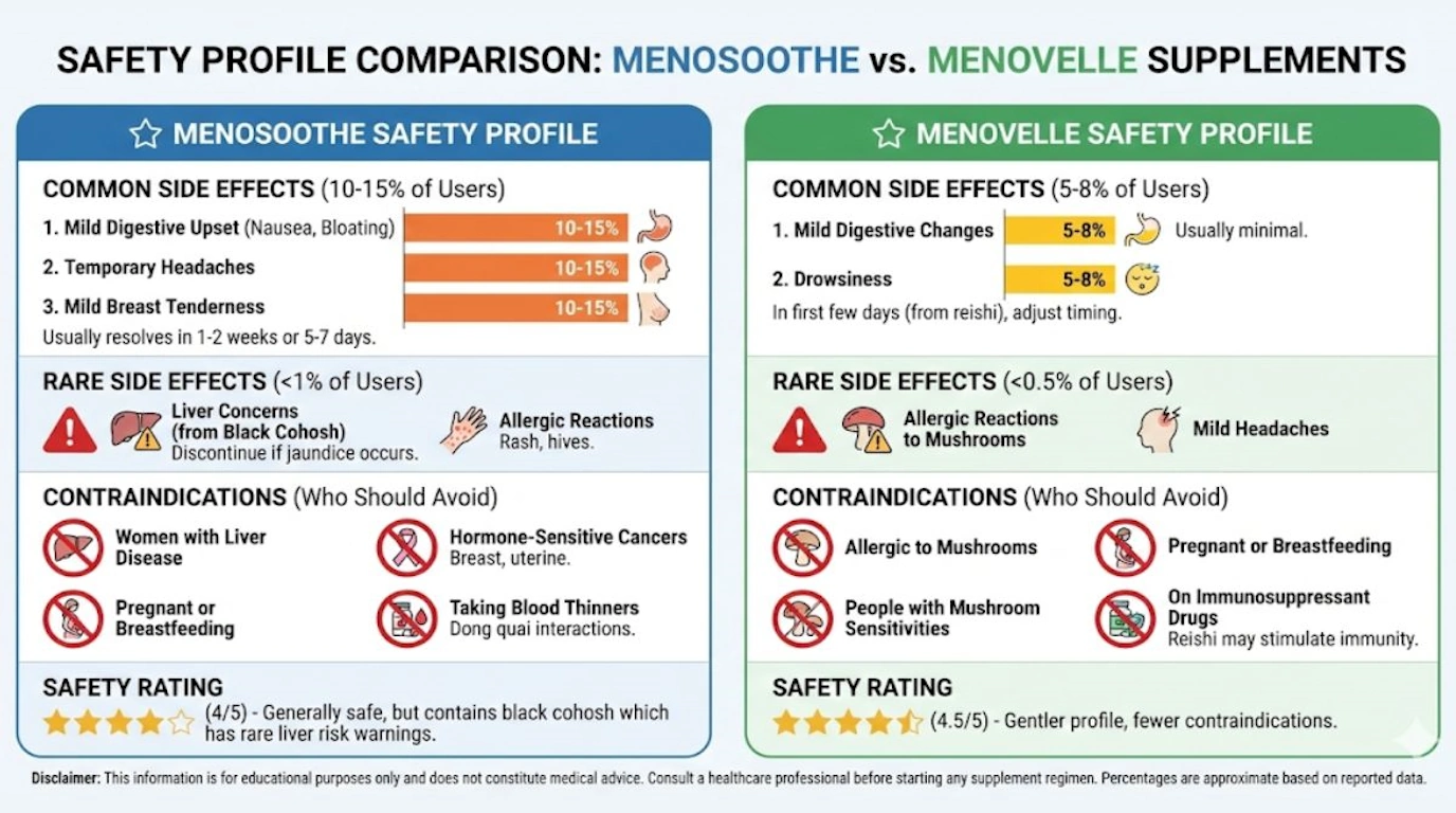 Safety profile and side effects comparison chart for MenoSoothe and Menovelle menopause supplements