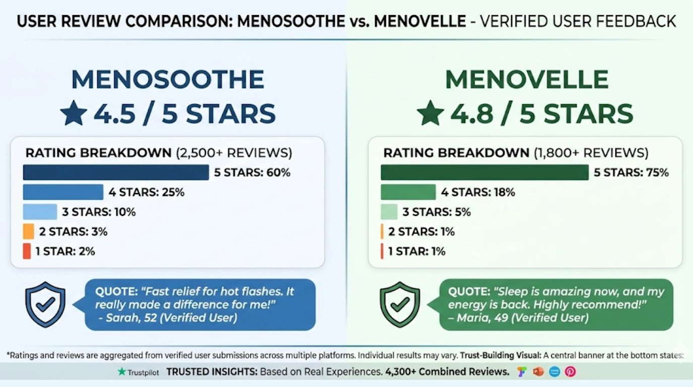 User review ratings and testimonial comparison between MenoSoothe and Menovelle supplements