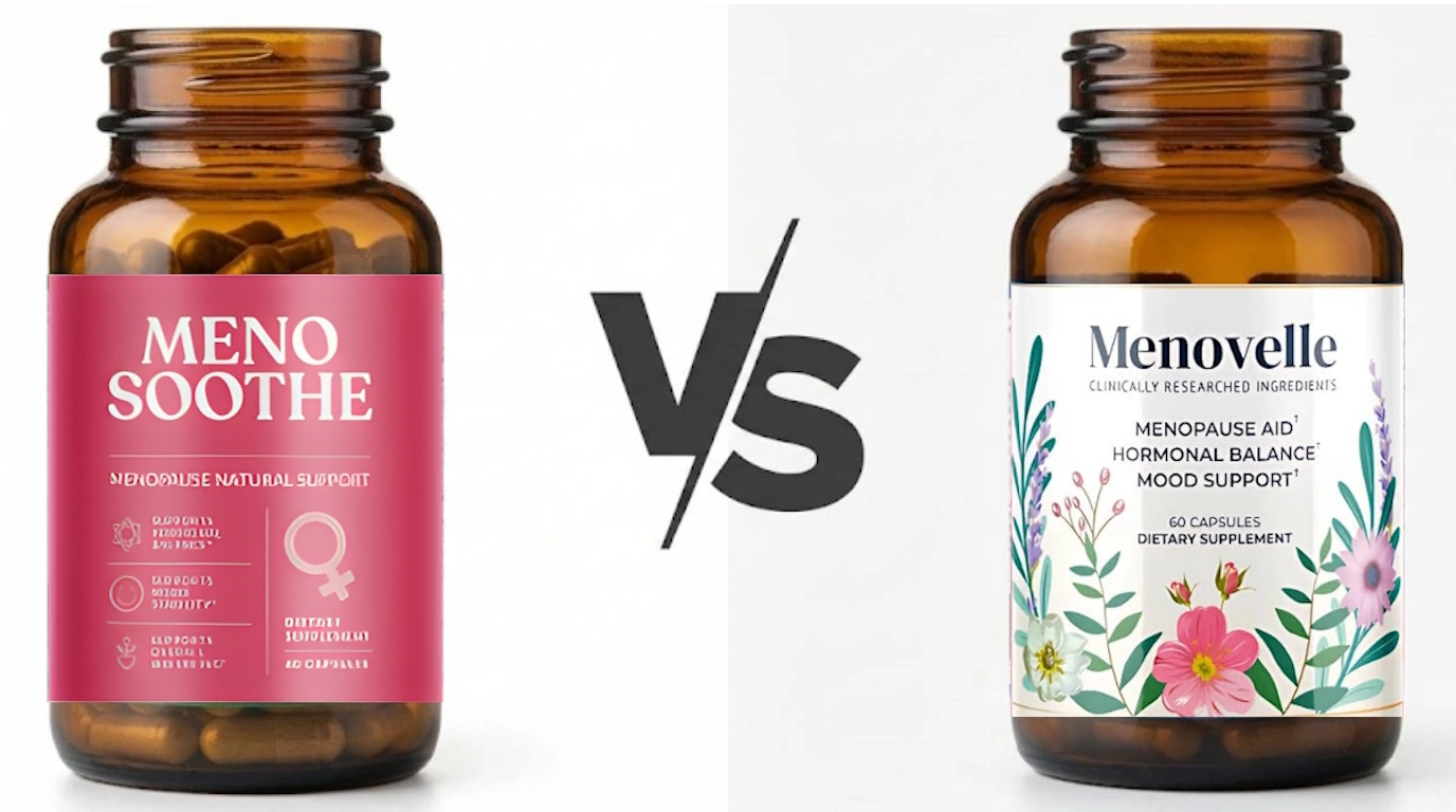Side-by-side comparison of MenoSoothe and Menovelle menopause supplement bottles for direct product comparison