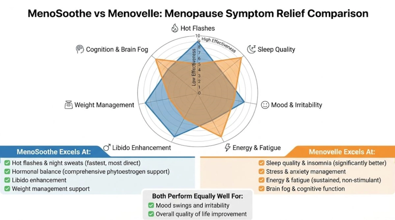 Effectiveness comparison chart showing MenoSoothe and Menovelle performance across different menopause symptoms