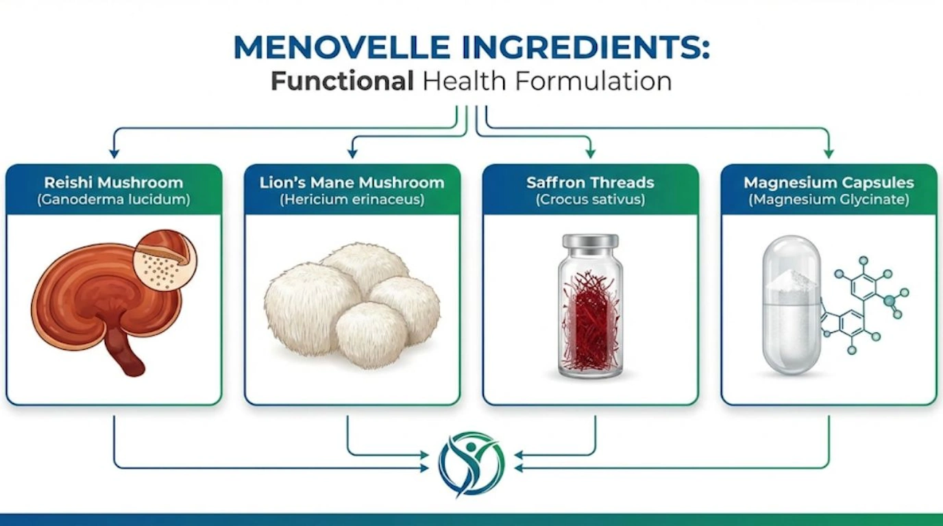 Scientific illustration of functional mushroom and nutrient ingredients in Menovelle menopause supplement