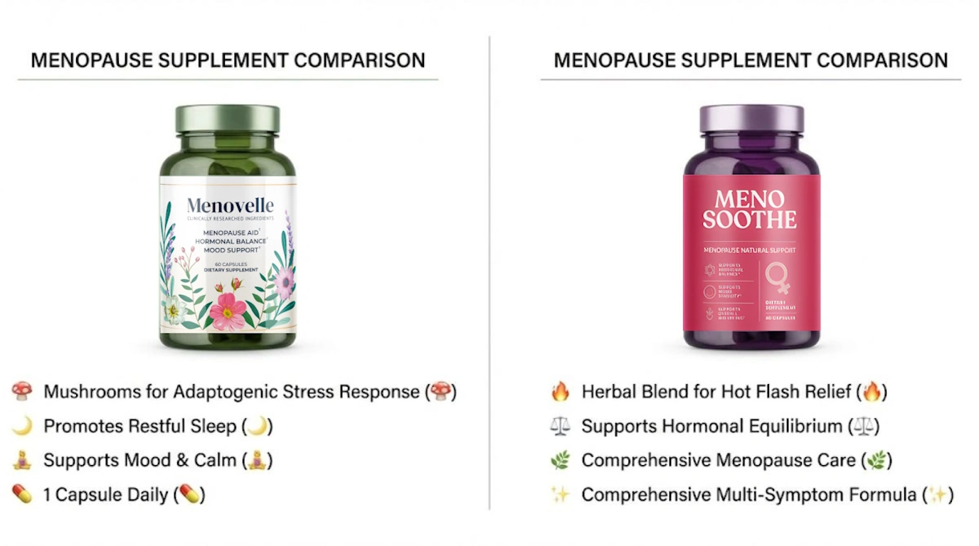 Comparison of Menovelle and MenoSoothe natural menopause supplement formulas showing key ingredients and benefits