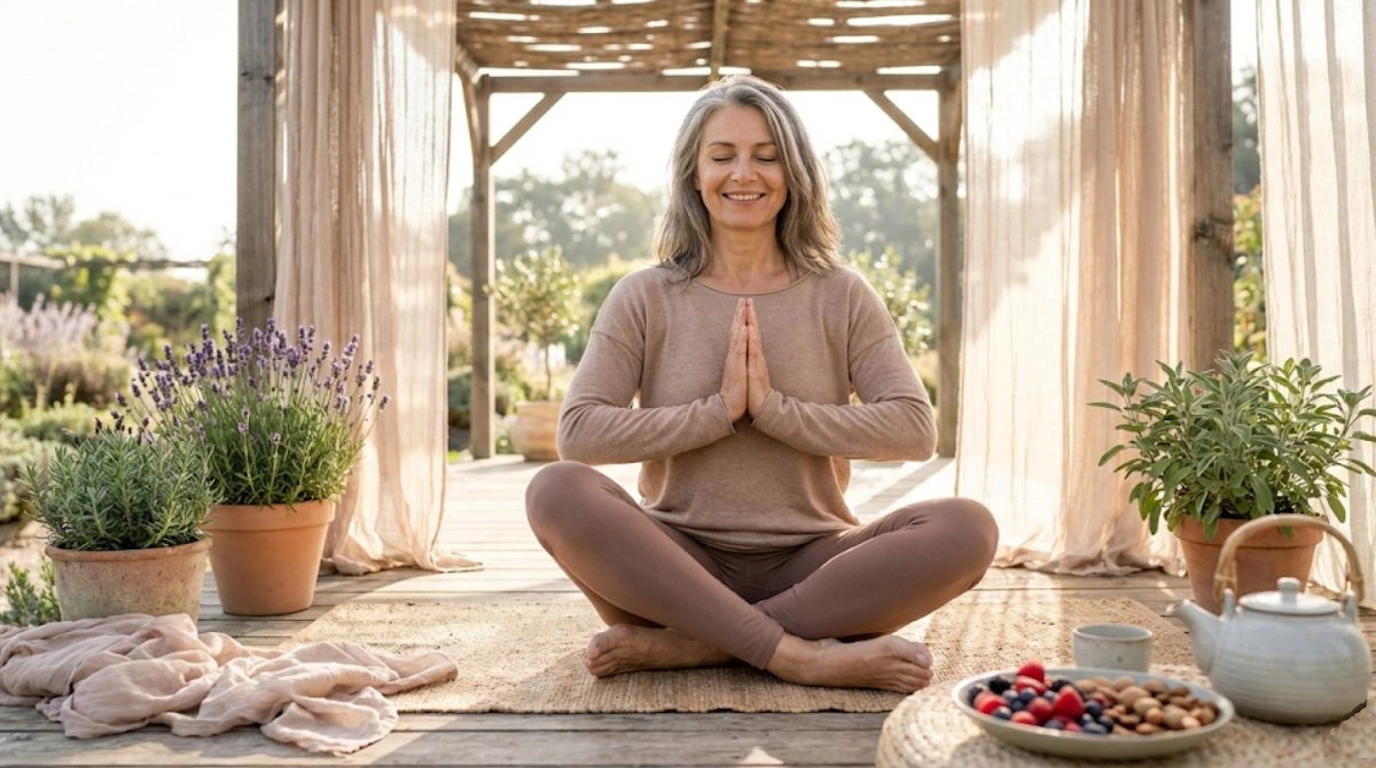 Woman practicing natural menopause remedies including yoga, herbs, and healthy lifestyle for symptom relief