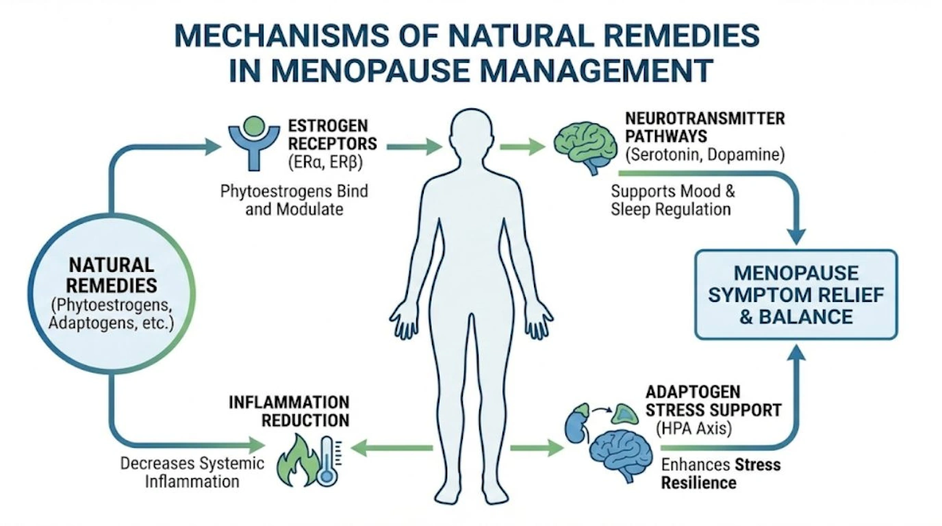 Scientific diagram explaining how natural menopause remedies work through phytoestrogens, neurotransmitters, and stress support