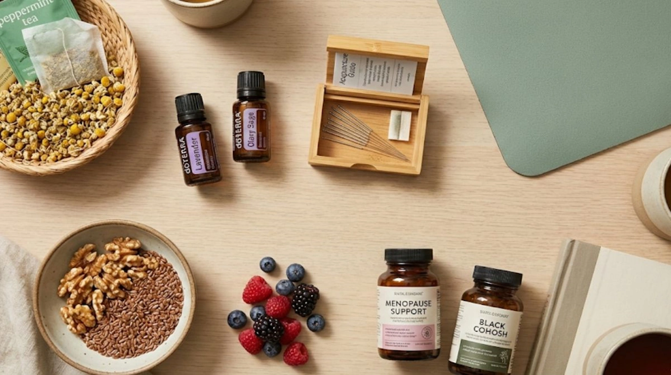 Collection of natural menopause remedies including herbal teas, essential oils, and wellness tools for daily symptom relief
