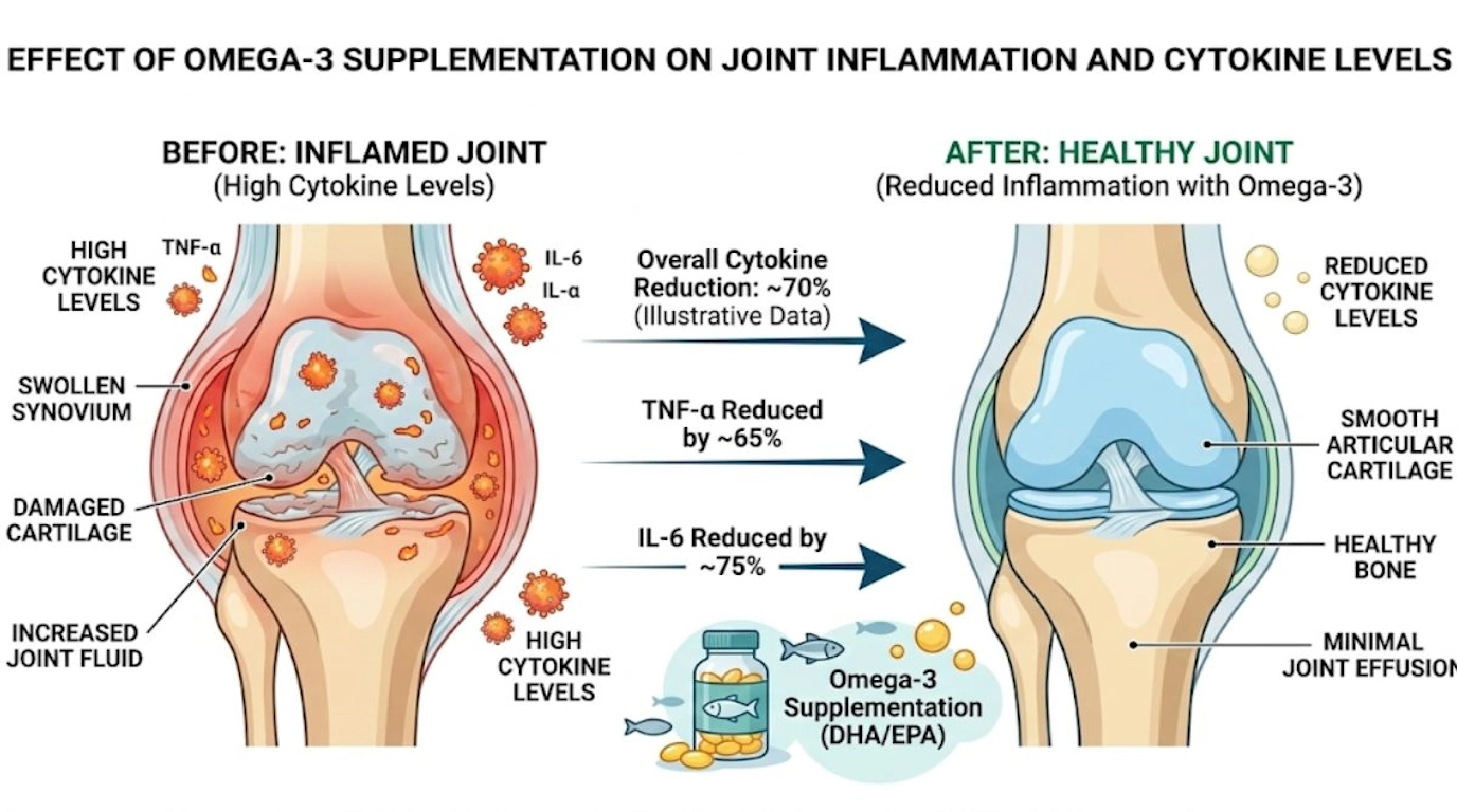 Medical illustration showing how omega-3 fish oil reduces joint inflammation and cytokine levels in menopause