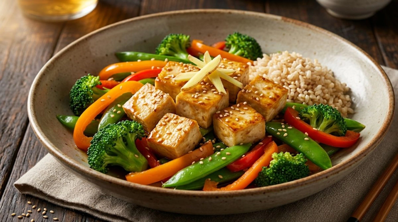 Colorful tofu stir-fry with broccoli, bell peppers, and snap peas in tamari glaze served with brown rice — a high-phytoestrogen dinner for a weight-loss meal plan