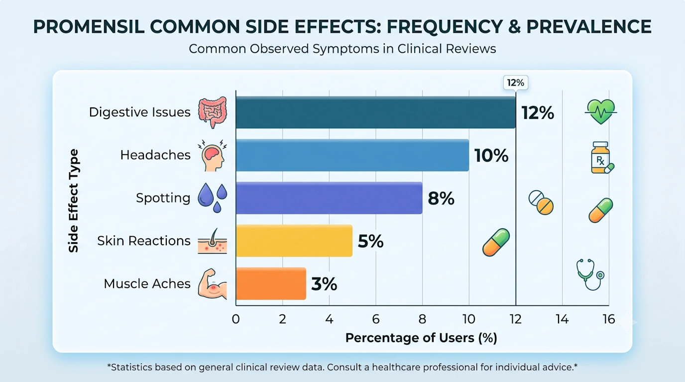 Bar chart showing frequency of common Promensil side effects including nausea, headaches, and spotting in users