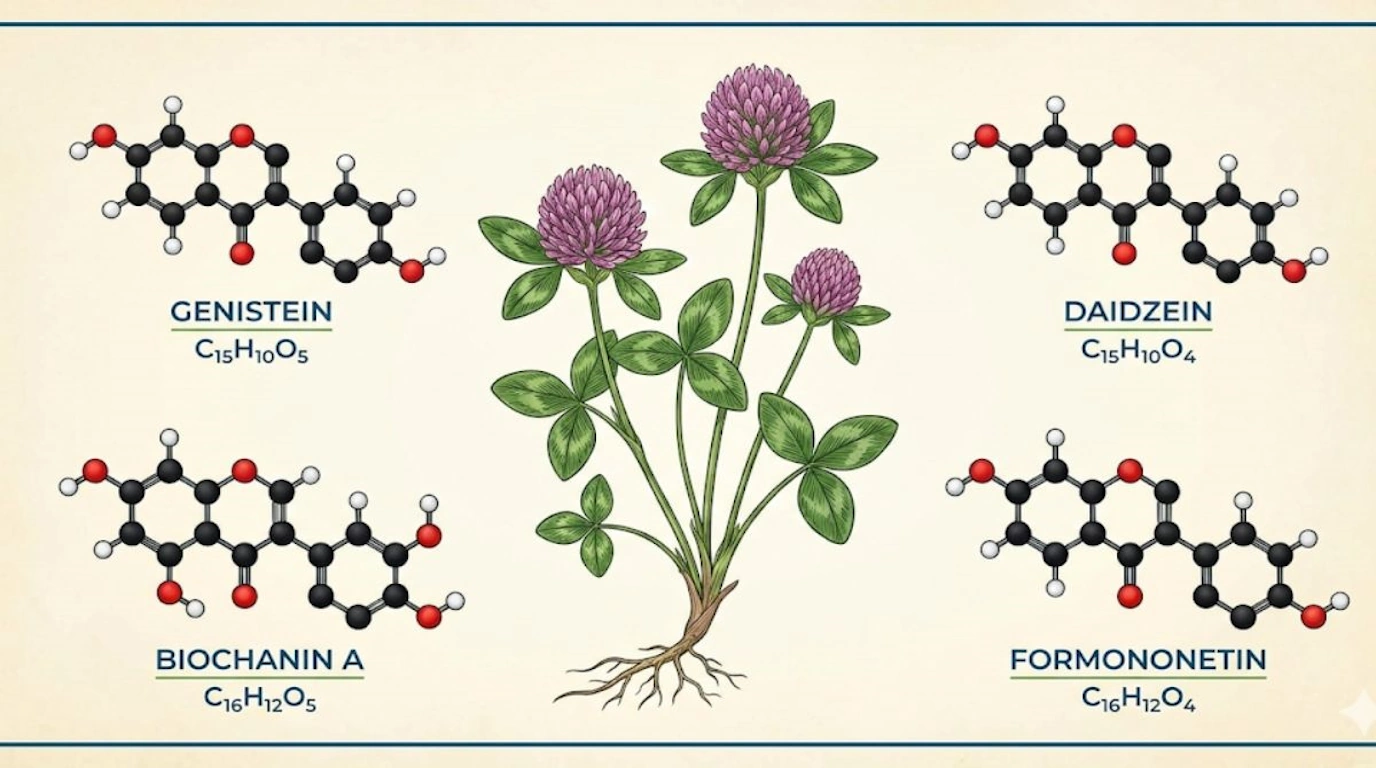 Scientific diagram showing red clover isoflavones in Promensil including genistein and daidzein molecular structures