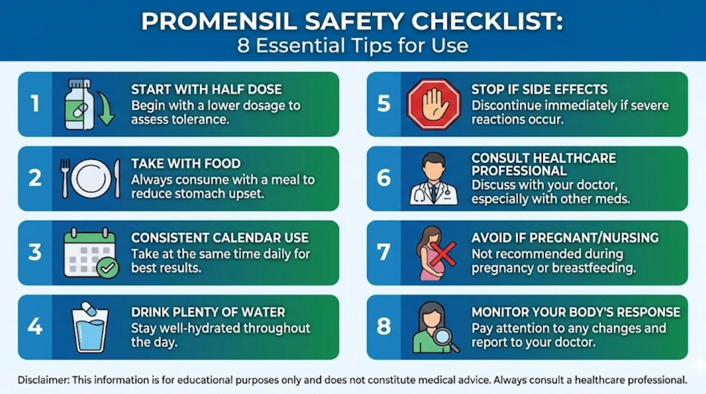 Safety checklist infographic showing tips to minimize Promensil side effects and use red clover supplement safely