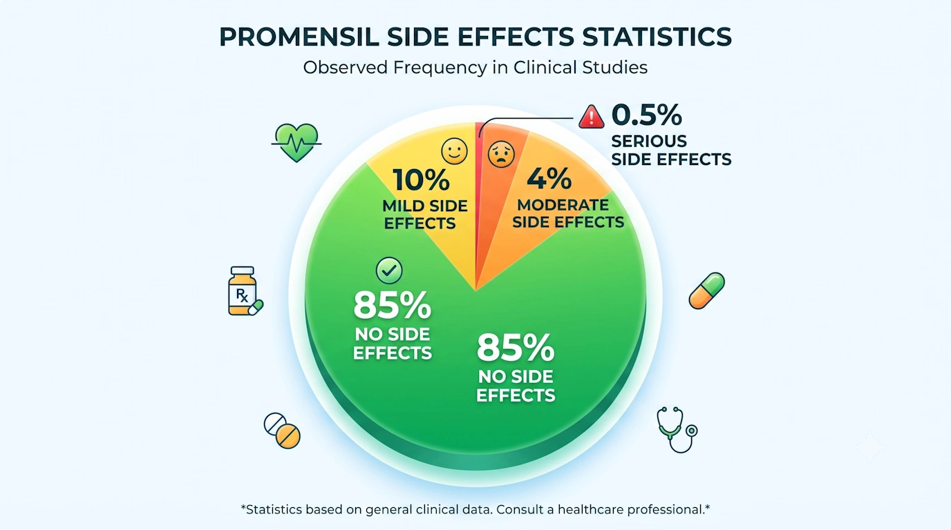 Statistical infographic showing frequency of Promensil side effects from red clover isoflavones in menopause supplement users