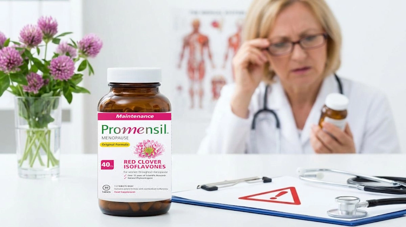 Promensil red clover supplement bottle with safety warning symbols for side effects review and menopause health considerations