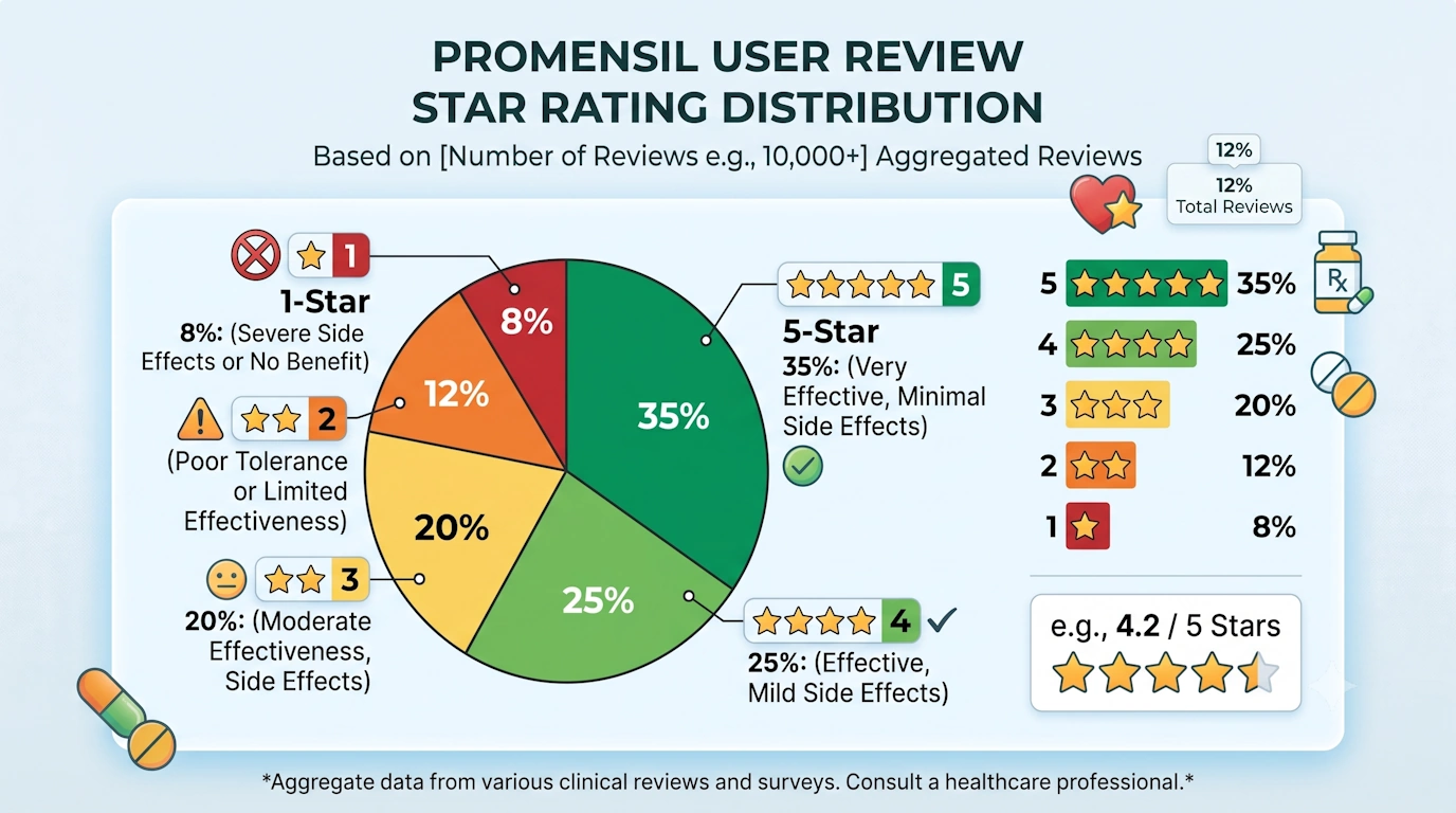 User review ratings distribution for Promensil showing mixed experiences with side effects and effectiveness