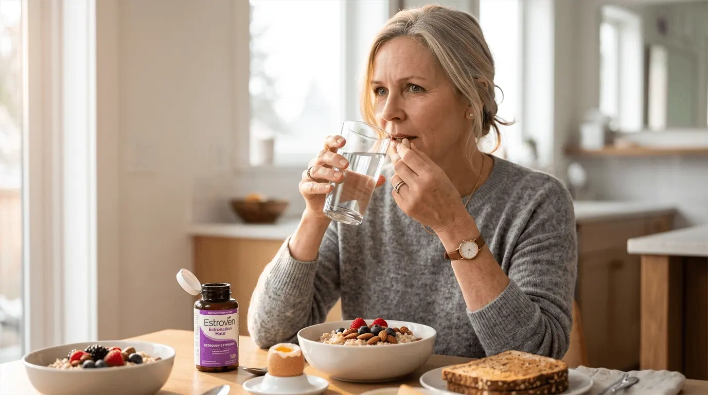 Woman taking Estroven supplement with breakfast to minimize digestive side effects and stomach upset