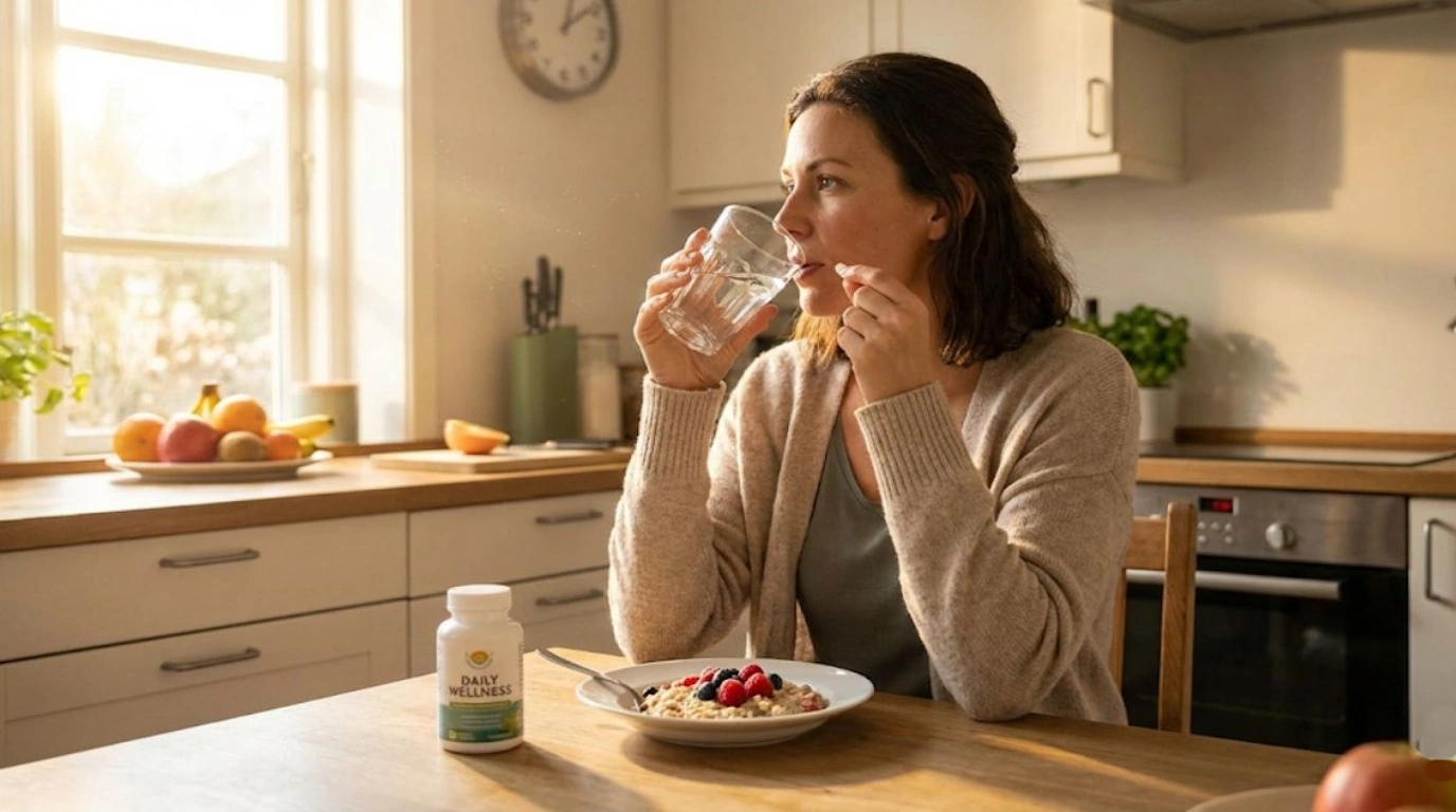 Woman taking Promensil supplement with breakfast to minimize digestive side effects and stomach upset