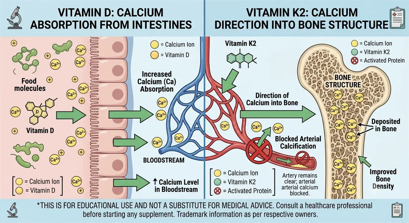 Visualization of vitamin D3 and K2 working together to direct calcium absorption into bone rather than arteries