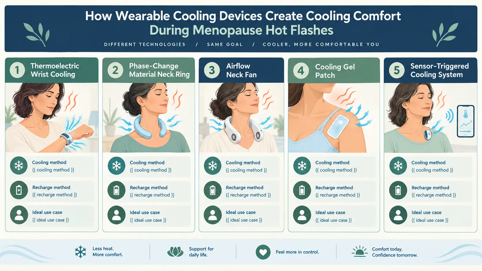 Diagram showing how thermoelectric wrist cooling, phase-change neck rings, airflow fans, cooling patches, and sensor-based systems create cooling sensations during hot flashes.