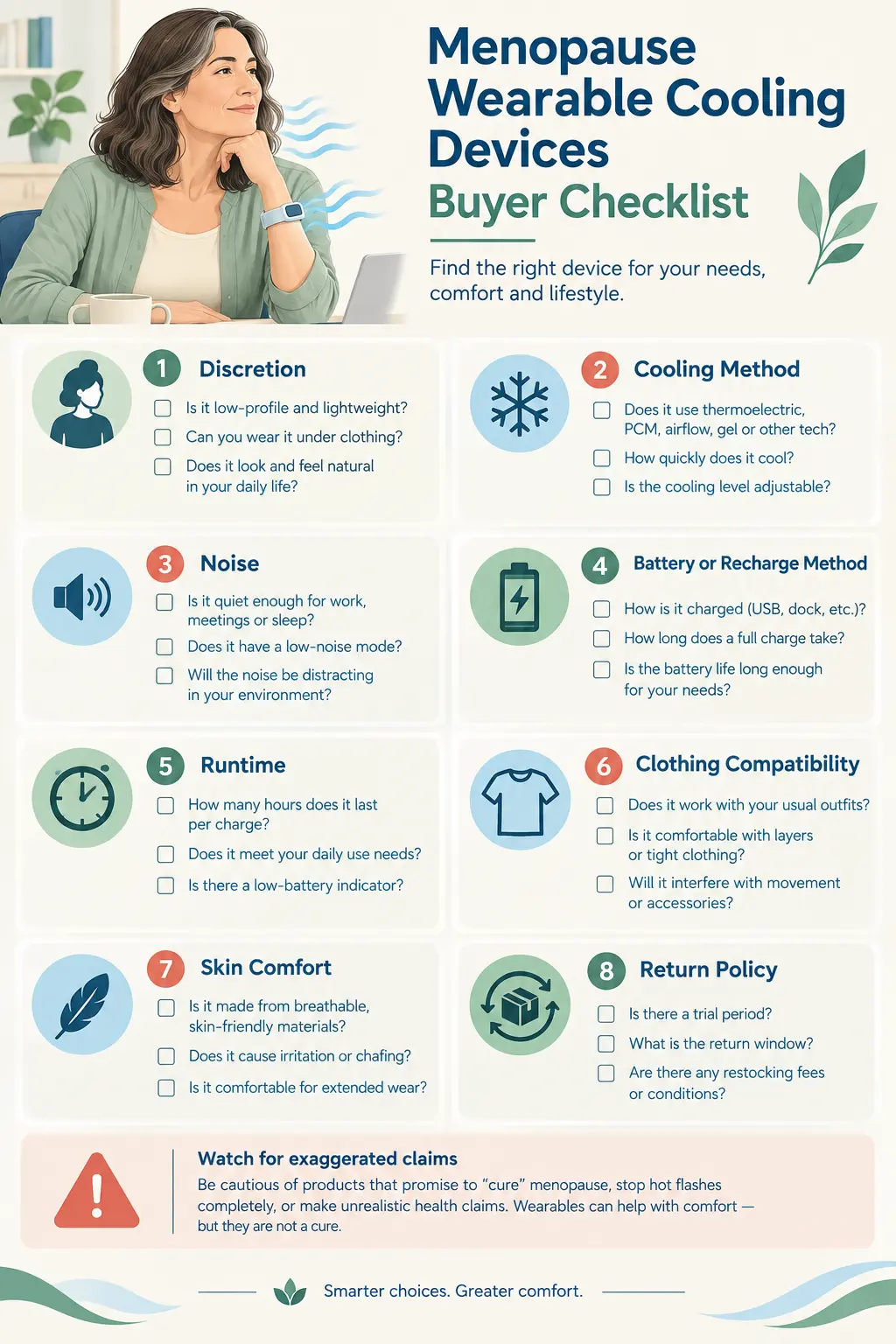Buyer checklist for menopause wearable cooling devices covering discretion, battery life, cooling method, noise, clothing compatibility, comfort, warranty, and return policy.