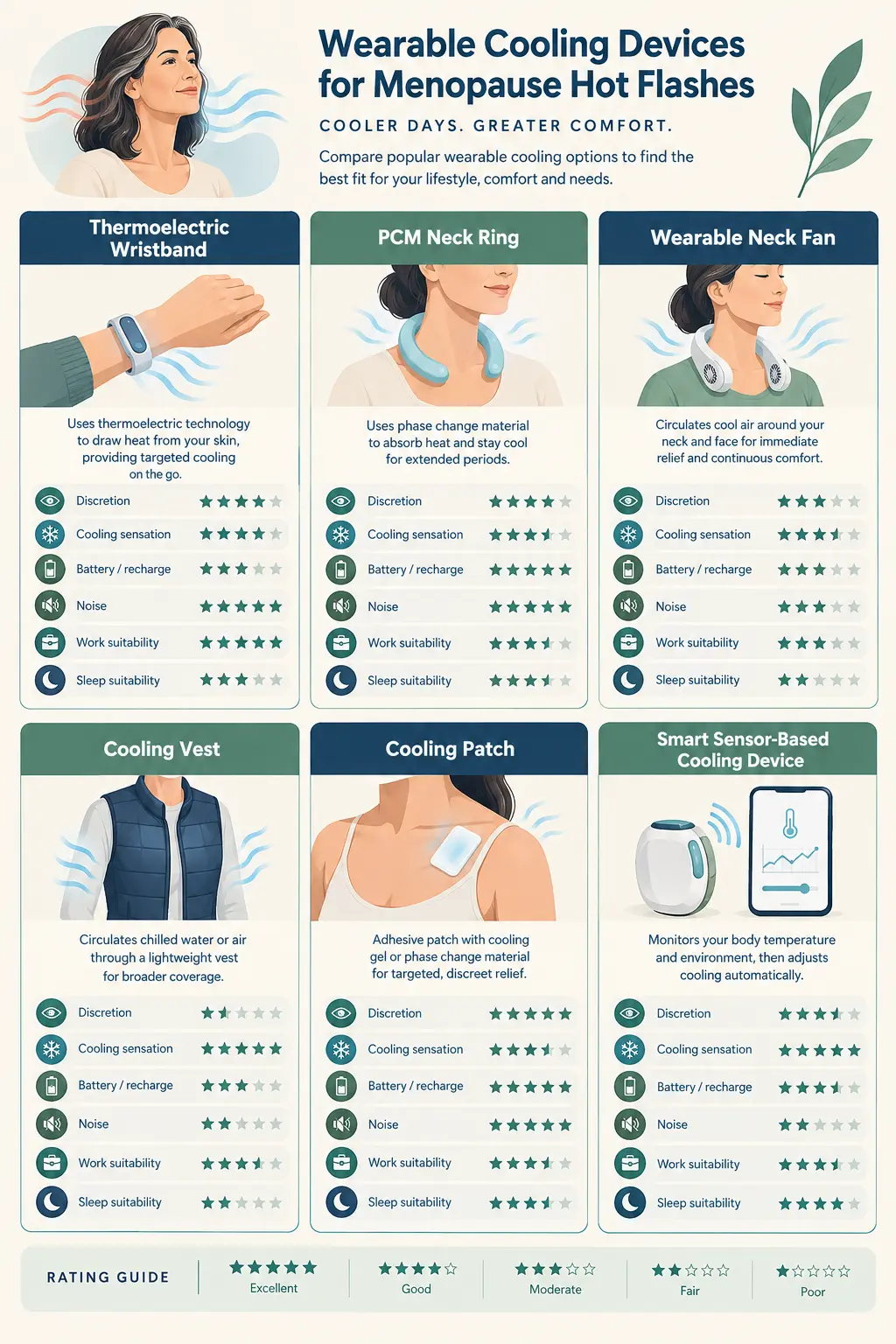 Comparison infographic of cooling wristbands, PCM neck rings, wearable neck fans, cooling vests, cooling patches, and smart menopause cooling devices.