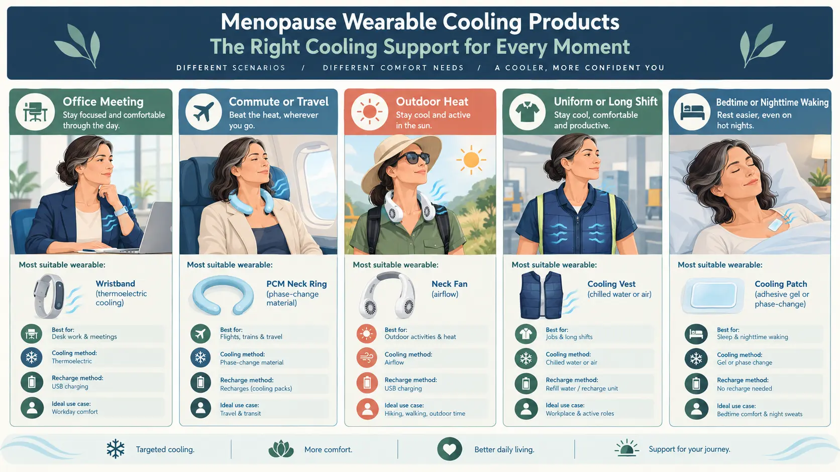 Infographic matching cooling wristbands, neck rings, neck fans, vests, and patches to work, travel, outdoor heat, meetings, and sleep situations.