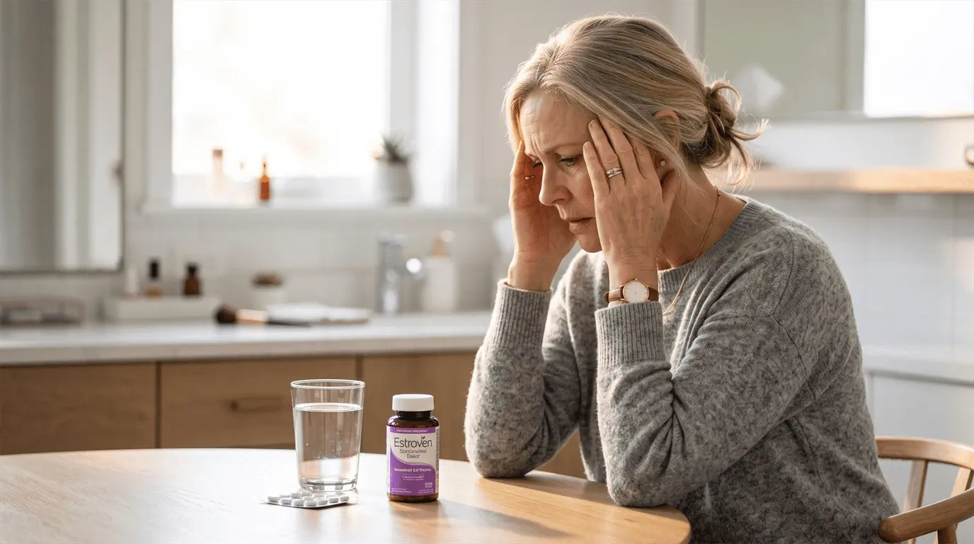 Woman experiencing mild headache as common Estroven side effect while drinking water for hydration